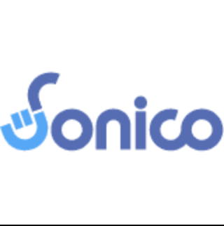 Sonico logo in dark blue, light blue smile is make up of the bottom of the capital S in sonico