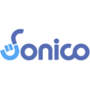 Sonico logo in dark blue, light blue smile is make up of the bottom of the capital S in sonico